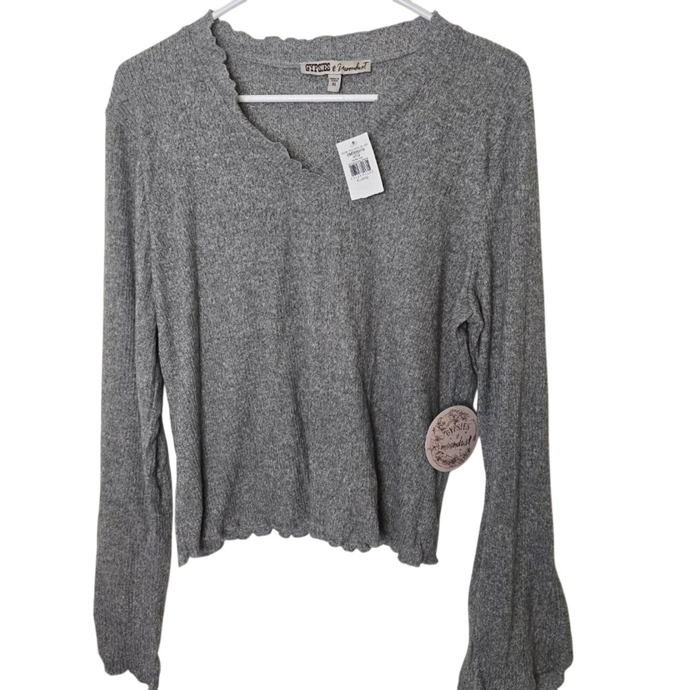Gypsies & Moondust Heather Grey Lettuce Edge V-Neck Bell Sleeve Top XL GMDB-6310